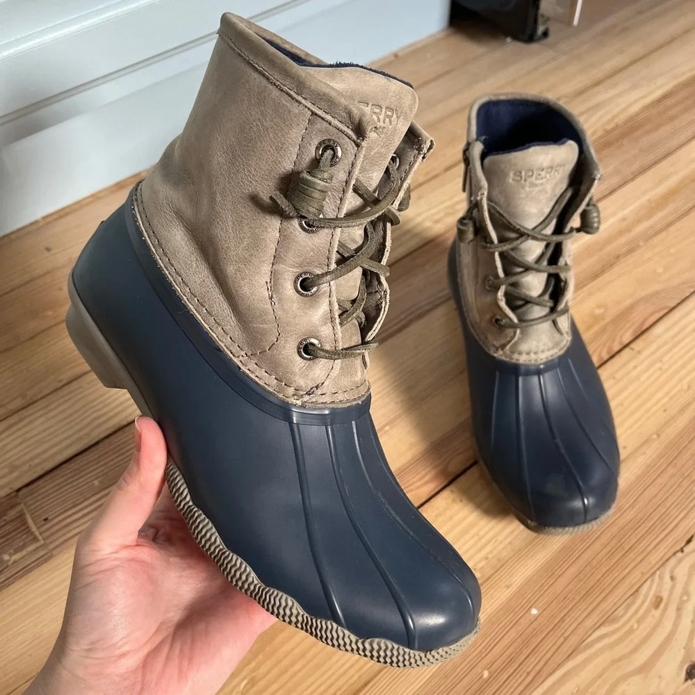 Sperry Womens Duck Boots Navy Rubber Leather Lace Up Waterproof Top‎ Sider Rain